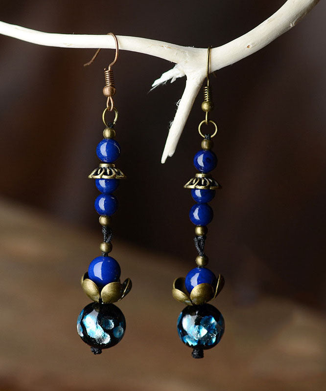 Vintage Royal Blue Lotus Gem Stone Copper Drop Earrings