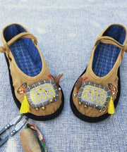 Vintage Splicing Buckle Strap Flat Shoes Yellow Cotton Fabric