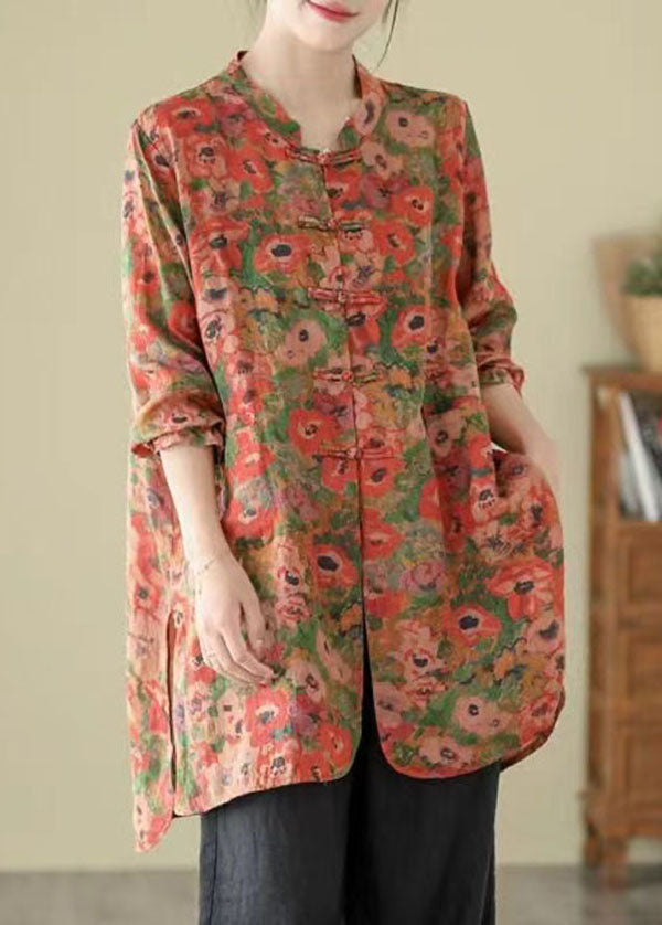 Vintage Stand Collar Chinese Button Print Linen Shirts Coat Long Sleeve