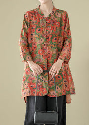 Vintage Stand Collar Chinese Button Print Linen Shirts Coat Long Sleeve