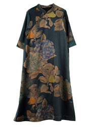 Vintage Stand Collar Print Button Silk Long Dress Fall