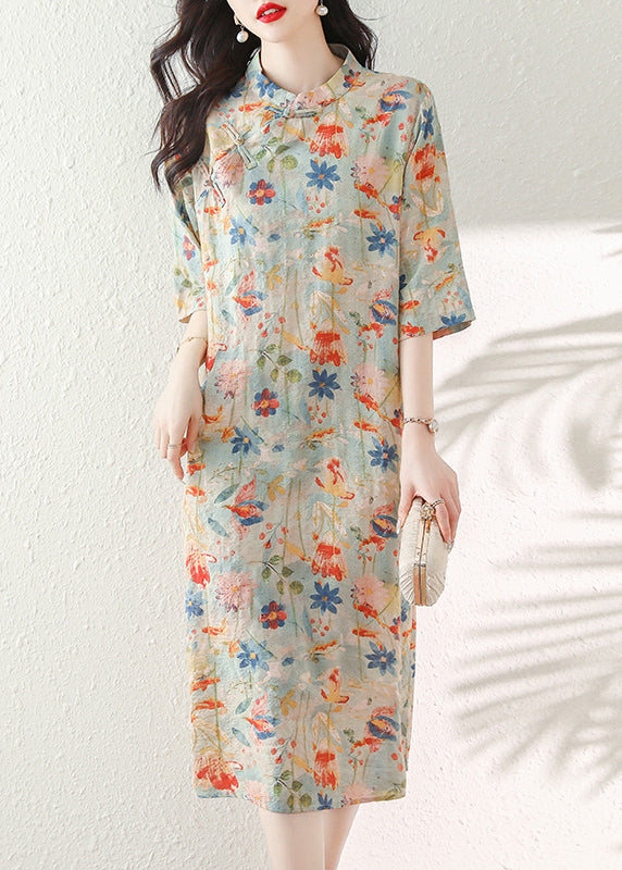 Vintage Stand Collar Print Chinese Button Cotton Dress Summer