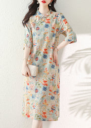 Vintage Stand Collar Print Chinese Button Cotton Dress Summer