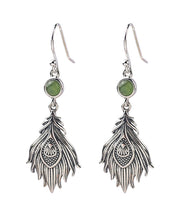 Vintage Sterling Silver Jade Feather Drop Earrings