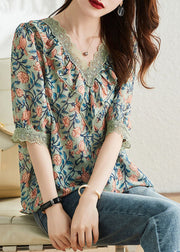 Vintage V Neck Print Chiffon Tops Short Sleeve