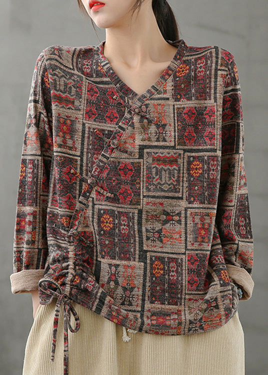 Vintage V Neck Print Drawstring Top Spring