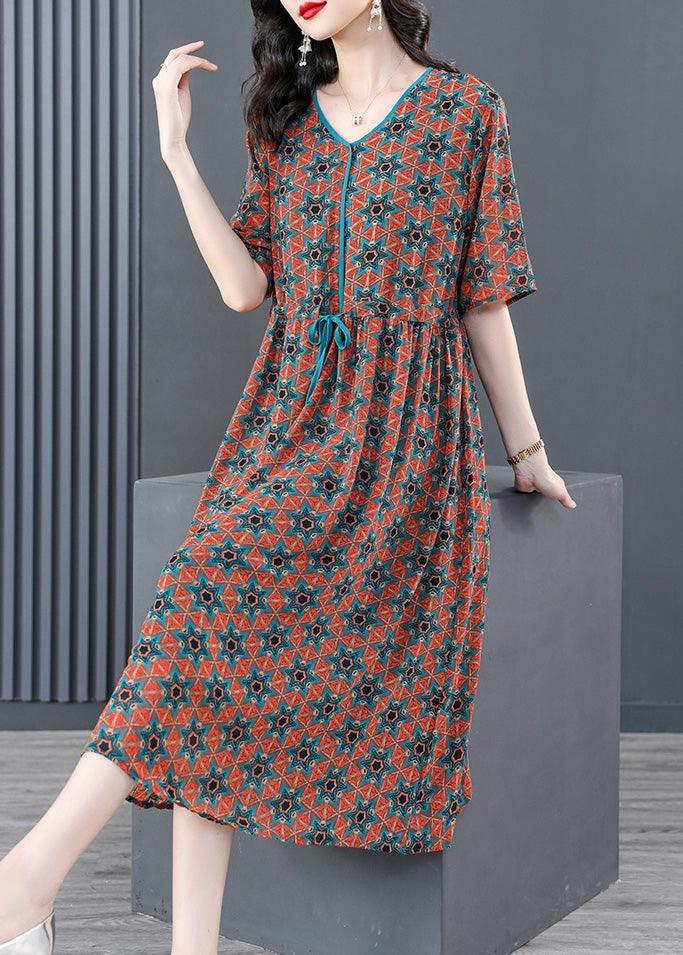 Vintage V Neck Print Wrinkled Tie Waist Long Dresses Summer