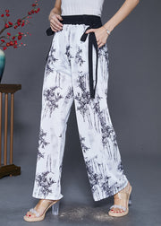 Vintage White Bamboo Print Draping Chiffon Straight Pants Fall