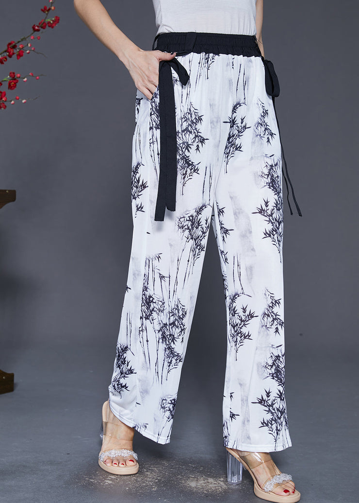 Vintage White Bamboo Print Draping Chiffon Straight Pants Fall