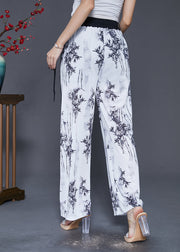 Vintage White Bamboo Print Draping Chiffon Straight Pants Fall