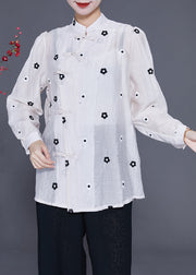 Vintage White Mandarin Collar Embroideried Chinese Button Silk Top Spring