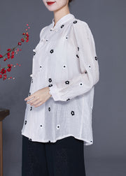 Vintage White Mandarin Collar Embroideried Chinese Button Silk Top Spring