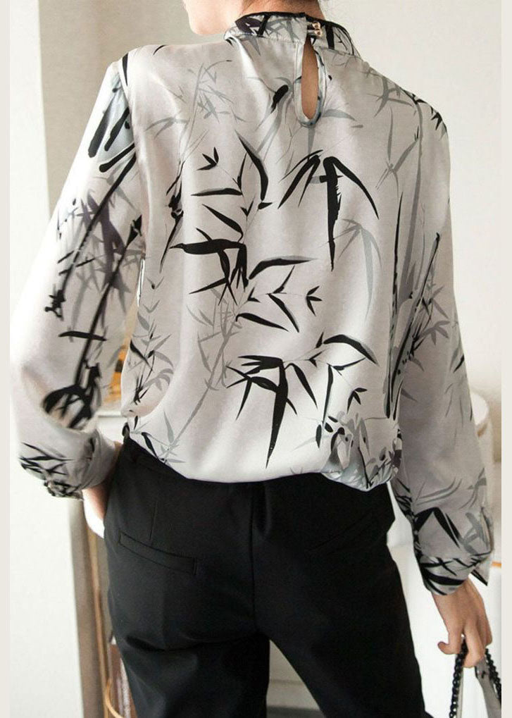 Vintage White Mandarin Collar Print Chiffon Shirt Top Spring