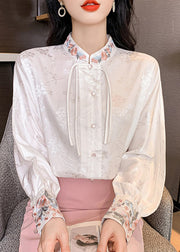 Vintage White Stand Collar Embroidered Silk Shirts Long Sleeve