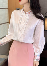 Vintage White Stand Collar Embroidered Silk Shirts Long Sleeve