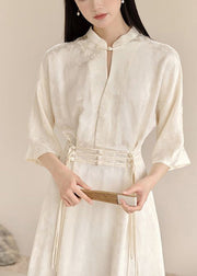 Vintage White Stand Collar Tasseled Patchwork Cotton Dress Fall