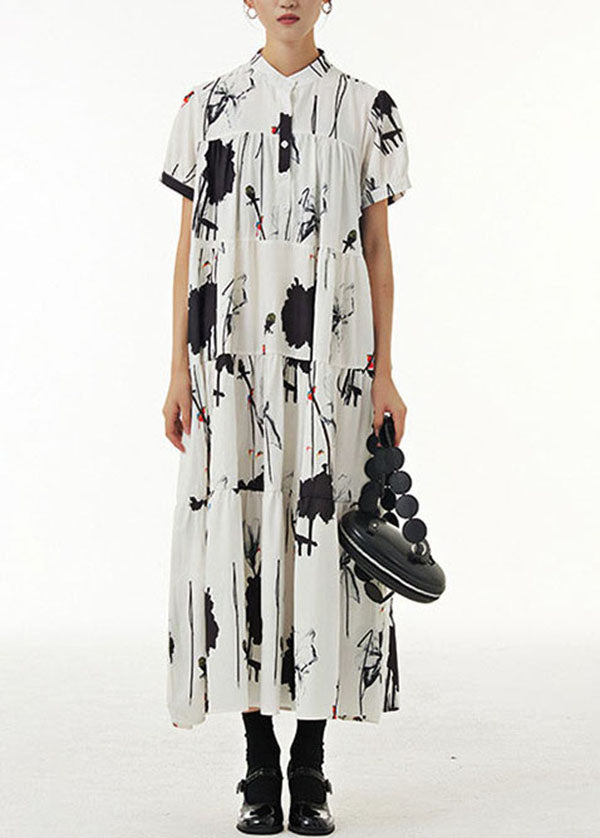 Vintage White Stand Collar Wrinkled Print Chiffon Dresses Summer