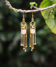 Vintage White Sterling Silver Jade Tassel Drop Earrings