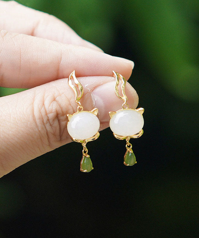 Vintage White Sterling Silver Overgild Jade Drop Earrings