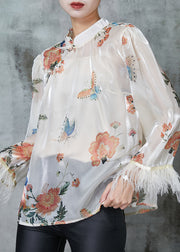 Vintage White Tasseled Print Silk Shirts Spring