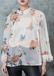 Vintage White Tasseled Print Silk Shirts Spring