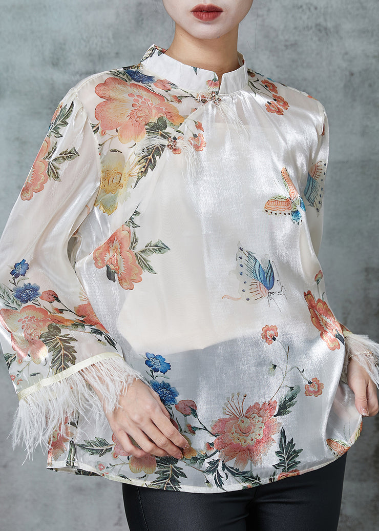 Vintage White Tasseled Print Silk Shirts Spring