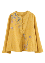 Vintage Yellow Embroideried Button Patchwork Cotton Coats Fall