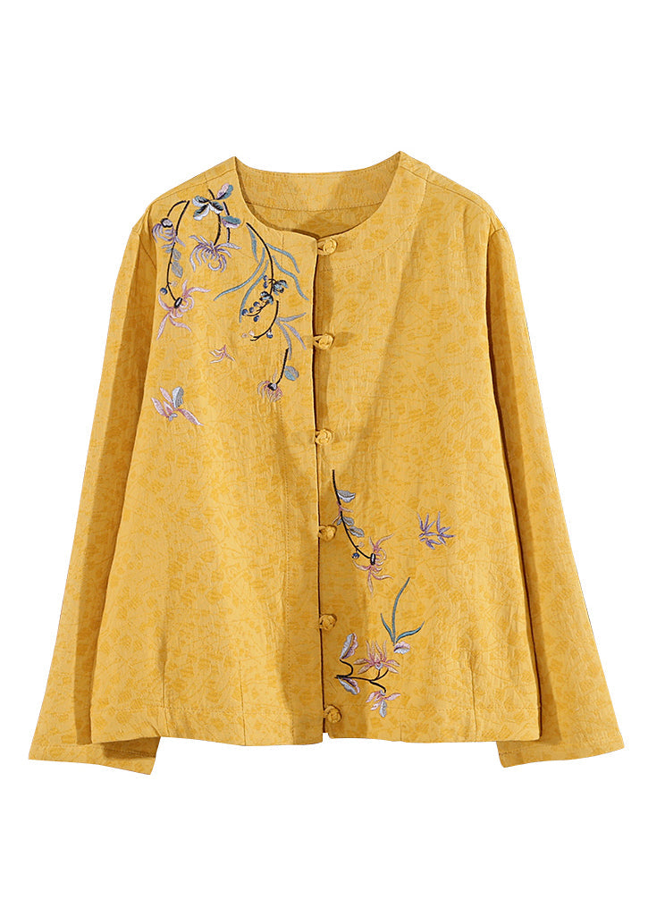 Vintage Yellow Embroideried Button Patchwork Cotton Coats Fall