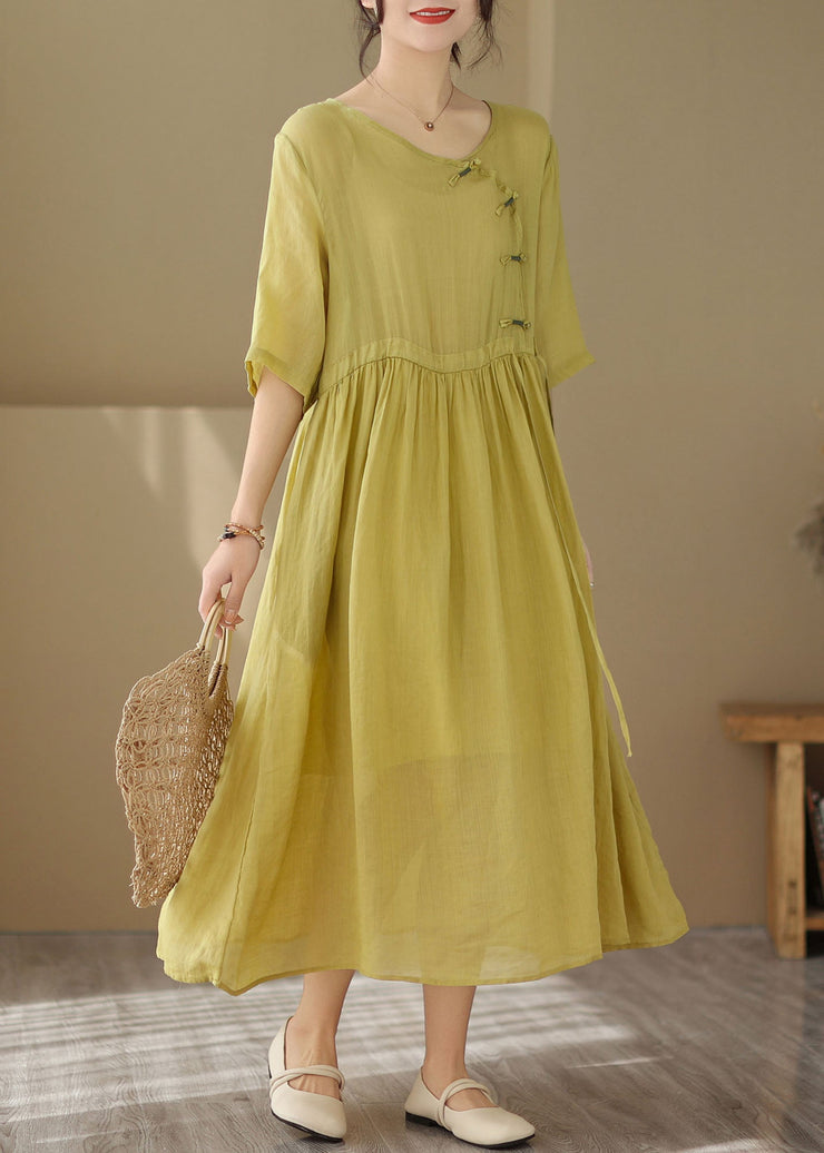 Vintage Yellow O Neck Chinese Button Patchwork Cotton Dresses Summer