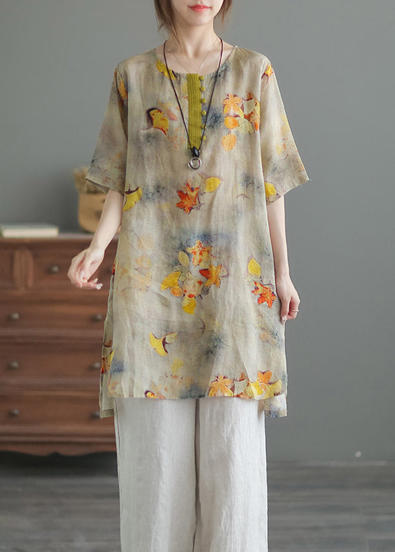 Vintage Yellow O-Neck Print Button Side Open Linen Tops Half Sleeve