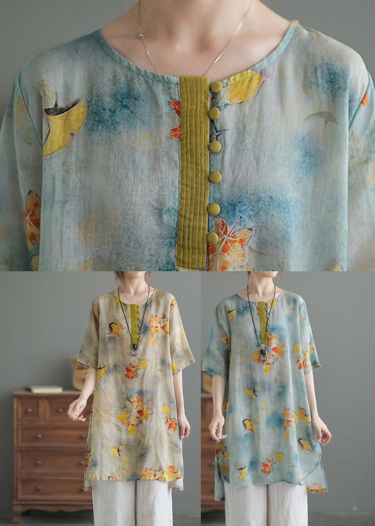 Vintage Yellow O-Neck Print Button Side Open Linen Tops Half Sleeve