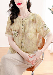 Vintage Yellow O Neck Print Linen Two Piece Suit Set Summer