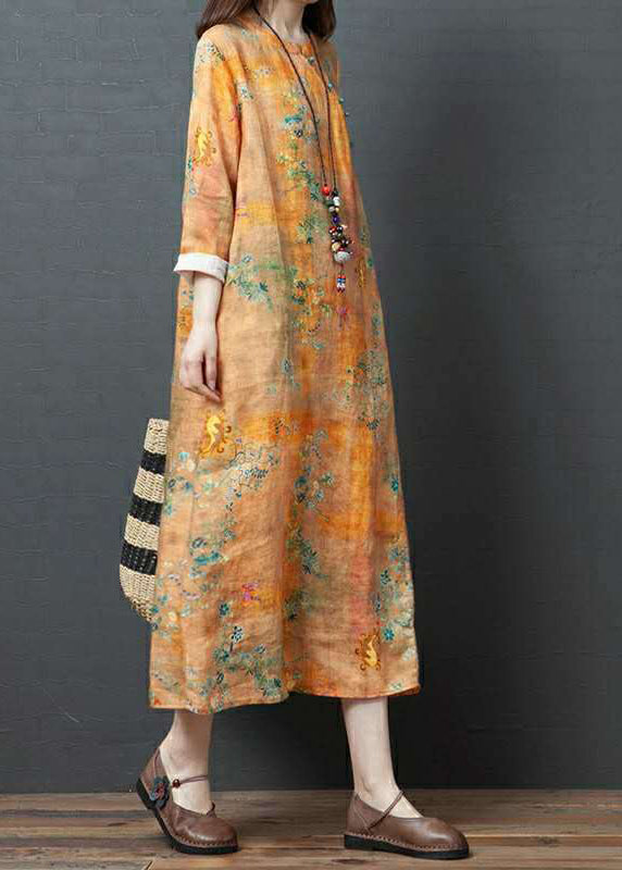 Vintage Yellow O-Neck Print Tie Waist Linen Holiday Dress Spring