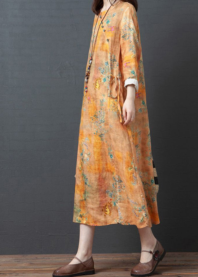 Vintage Yellow O-Neck Print Tie Waist Linen Holiday Dress Spring