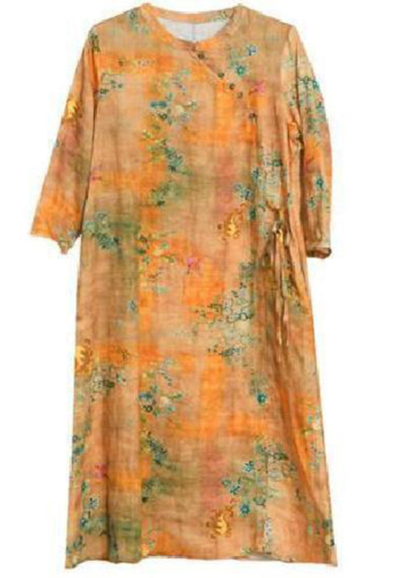 Vintage Yellow O-Neck Print Tie Waist Linen Holiday Dress Spring