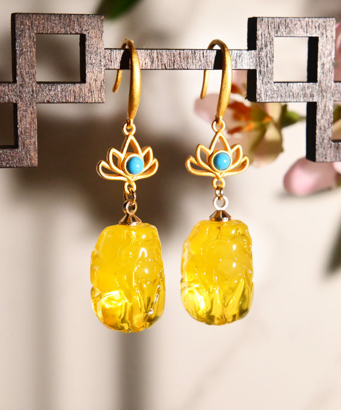 Vintage Yellow Overgild Beeswax Abver A Mythical Wild Animal Drop Earrings