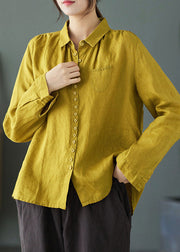 Vintage Yellow Peter Pan Collar Embroideried Linen Shirt Long Sleeve