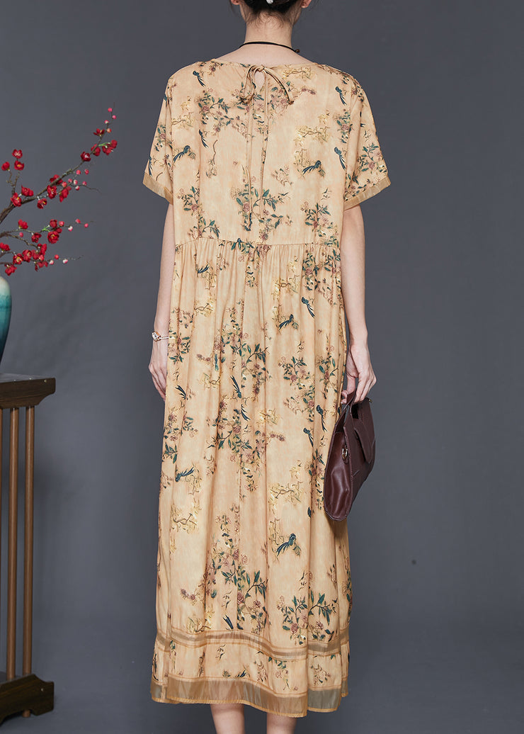 Vintage Yellow Print Exra Large Hem Silk Dresses Summer