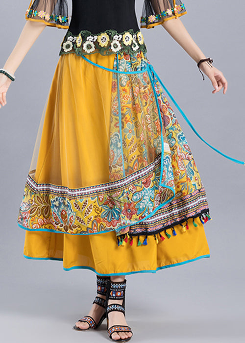 Vintage Yellow Print Lace Up Tulle Patchwork Skirt Summer