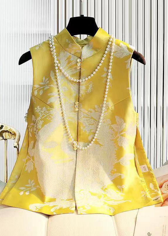 Vintage Yellow Stand Collar Jacquard Silk Top Sleeveless