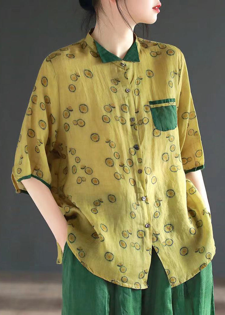 Vintage Yellow Stand Collar Print Button Ramie Shirts Half Sleeve