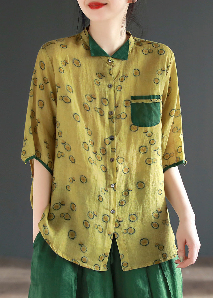 Vintage Yellow Stand Collar Print Button Ramie Shirts Half Sleeve