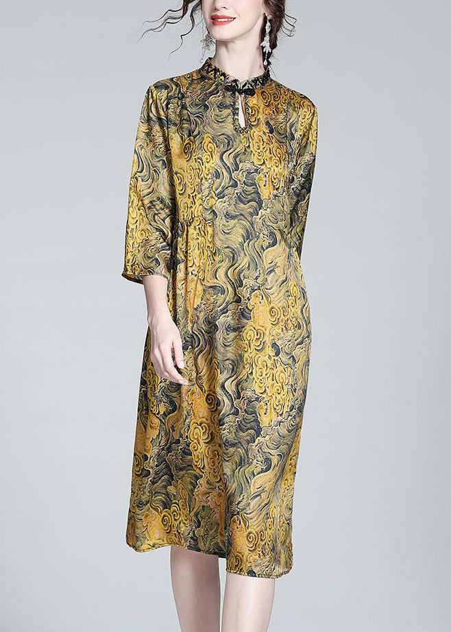 Vintage Yellow Stand Collar Print Button Silk Maxi Dress Summer