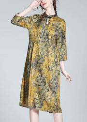 Vintage Yellow Stand Collar Print Button Silk Maxi Dress Summer