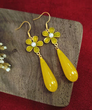 Vintage Yellow Sterling Silver Overgild Zircon Pearl Enamel Floral Drop Earrings