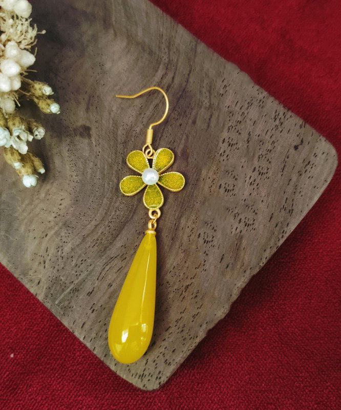 Vintage Yellow Sterling Silver Overgild Zircon Pearl Enamel Floral Drop Earrings