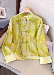 Vintage Yellow Tasseled Button Print Silk Coat Fall