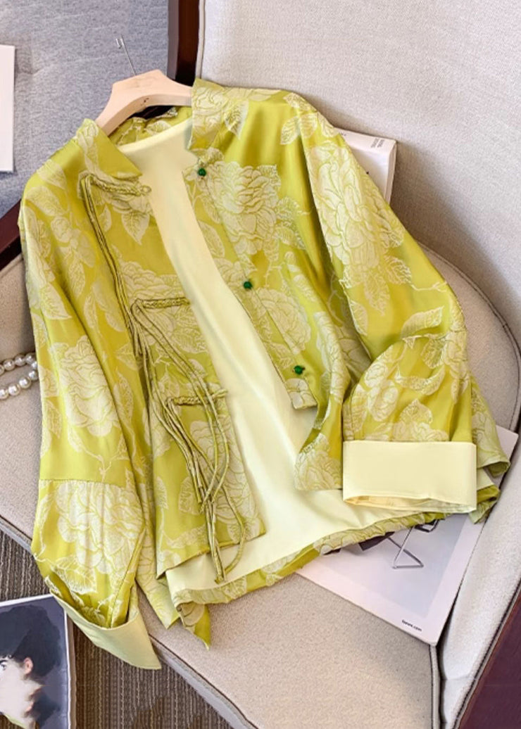 Vintage Yellow Tasseled Button Print Silk Coat Fall