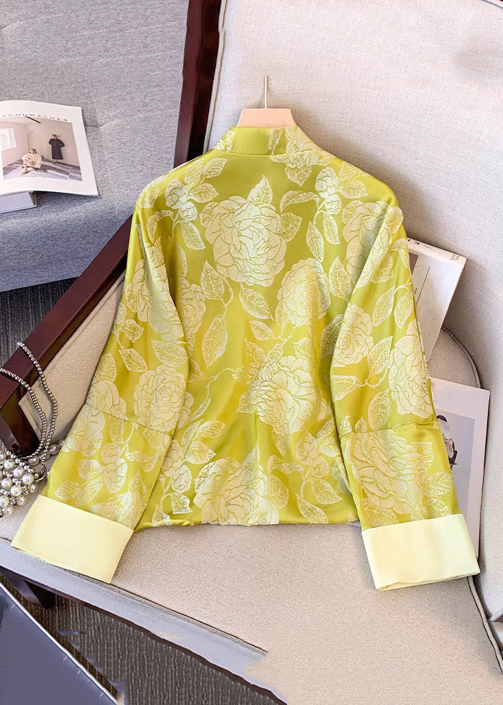 Vintage Yellow Tasseled Button Print Silk Coat Fall