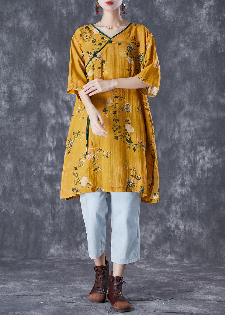 Vintage Yellow Tasseled Print Linen Dresses Summer